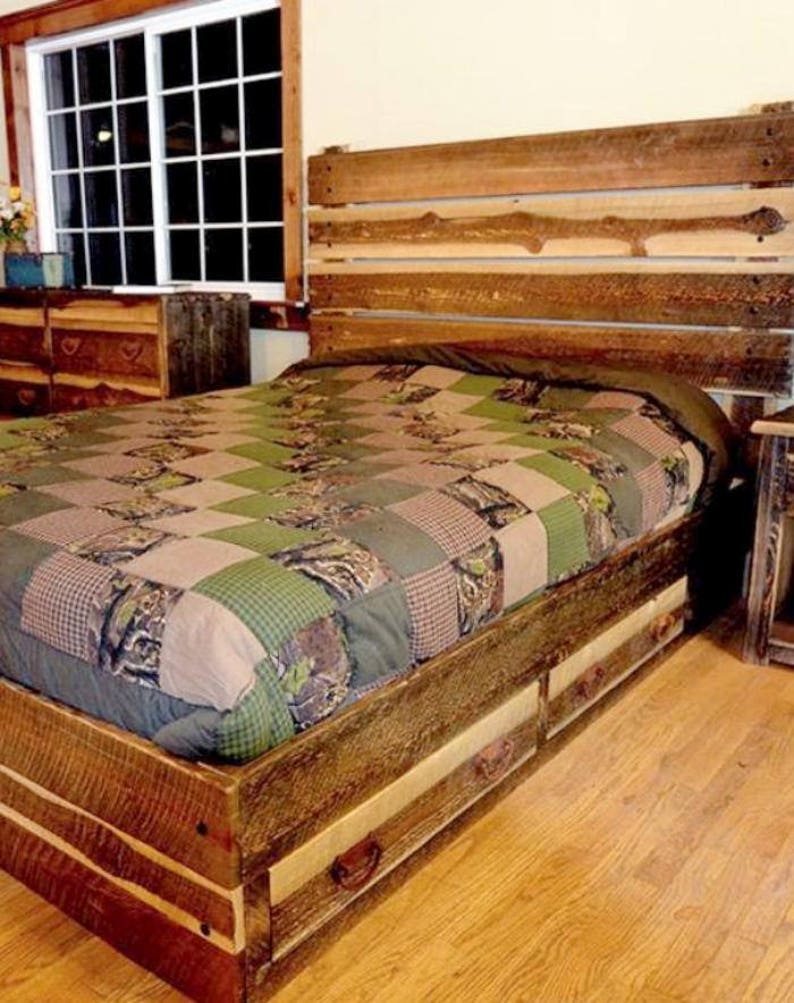 Rustic Queen Pedestal Bed With 4 Drawers Faux Barnwood Image 0