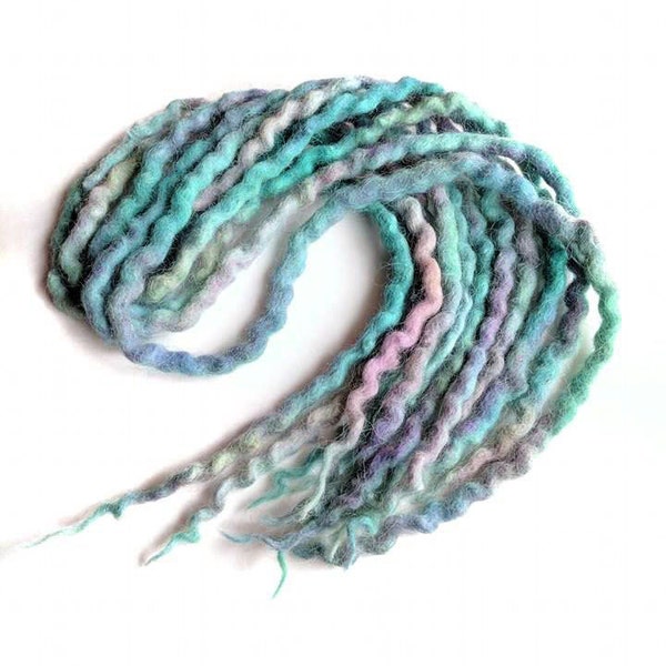 20 inches long double ended wool dreadlocks accent kit pastel blue and pink crimpy texture set of 6