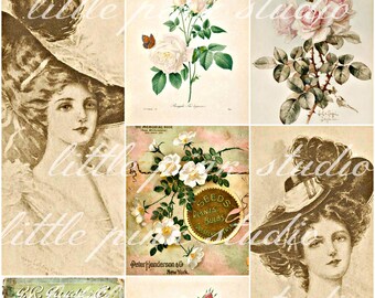 Pale Ladies and Roses,  Printable Collage Sheet (digital download, printable)