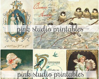 Vintage New Year 01,  Printable Collage Sheet (digital download, printable)