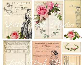 Receipts and Roses,  printable journal cards, tuck spots, stickers, for junk journals, planners, bullet journals (vintage ephemera)