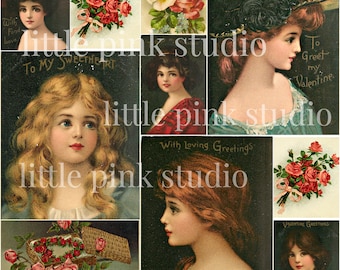 Valentine Damen und Rosen, druckbare Collage Blatt (digitaler Download, druckbare)