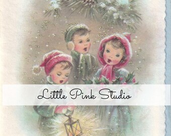 Sweet Carolers,  vintage Christmas printable, greeting card, Christmas card