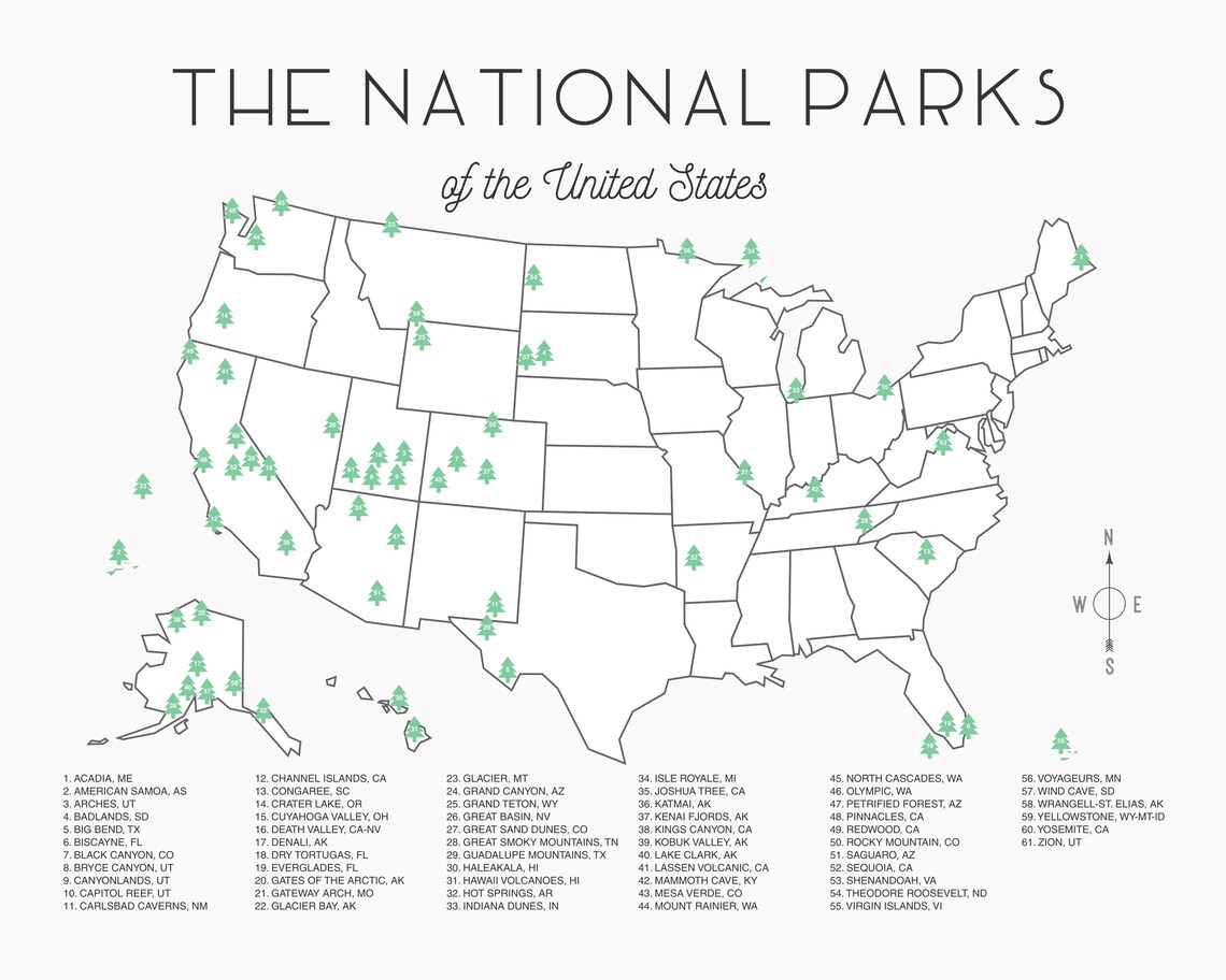 National Parks Map Checklist Instant Download Etsy Canada