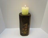 Vintage Japan Large Wood Pillar Candle Holder Wood Vase Copper Inlay Solid Wood Pillar Copper Enamel Mother Of Pearl Wood Plant Stand Rustic