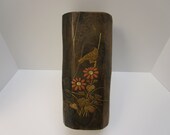 Vintage Japan Large Wood Pillar Candle Holder Wood Vase Copper Inlay Solid Wood Pillar Copper Enamel Mother Of Pearl Wood Plant Stand Rustic
