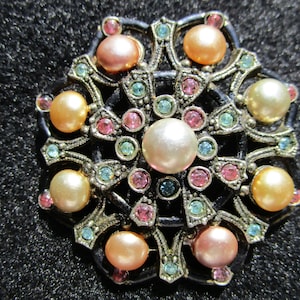 Estate Art Deco Pearl Rhinestone Brooch Pink Aqua Blue Half Pearl Flower Pin New England Glass later Rice-Weiner/Jeray/McClelland Barclay
