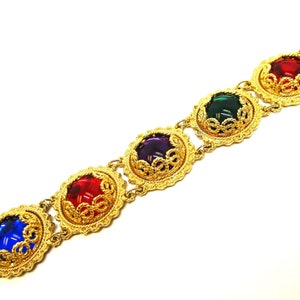 Bold Gold Mogul Glass Cabochon Medallion Link Bracelet 8.75&quot; Large Garnet Amethyst Emerald Sapphire Glass Gold Plate Statement Bracelet