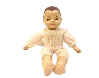 Antique Composition Doll Infant 10" Japanese Composition Baby Doll Late 19th Century Soft Torso Painted Face & Hair Orig Linen Lace Onsie