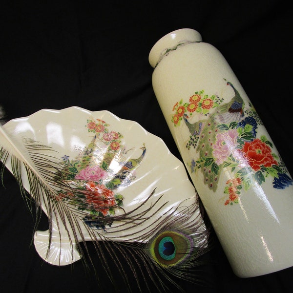 Vintage Japanese Porcelain Fan And Vase Double Peacock Japanese Crackle Glaze Porcelain Vase Floral Peacock Vase And Fan Dish Yamaji Japan