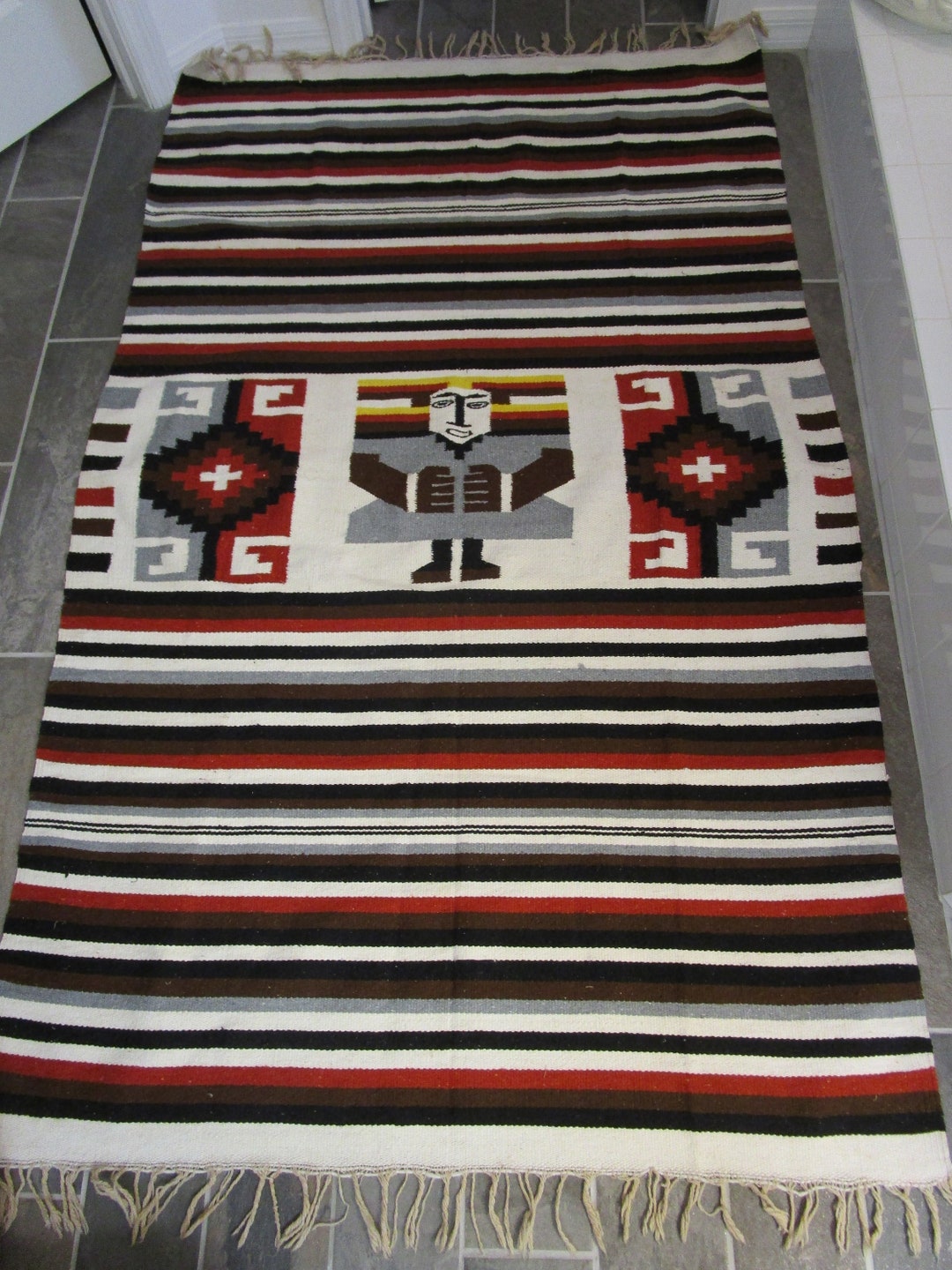 84x48 Large Rug Tribal Pictorial Rug Southwestern Rug Woven Wool Rug Fringed Navajo Woven Rug