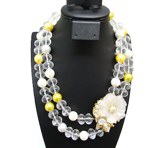 Collar SS925 firmado por Stanley Hagler NYC e Ian St. Gielar, con perlas, oro y plata, talla grande, rosa de cristal facetado, estilo camelia, para novia (anterior a 1996).