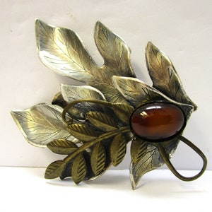 Antique Estate Large Silver Oak Leaf Brass Laurel Leaf Brown Cabochon Brooch Scandinavian Oak Leaf Brass Danica Leaf Acorn Brooch Sash Pin