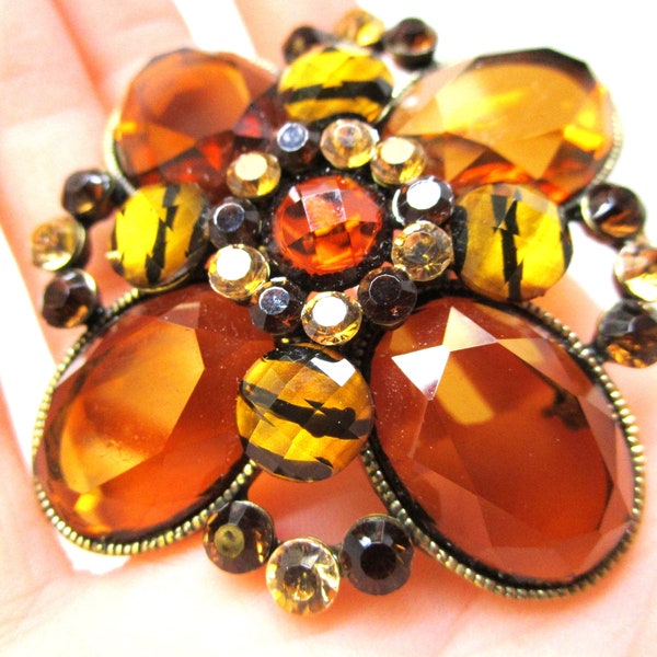 1960s Large Czech Crystals Faceted Lucite Glass Flower Brooch Domed Topaz Faux Tortoise Safari Tiger Animal Print Large Statement Brooch