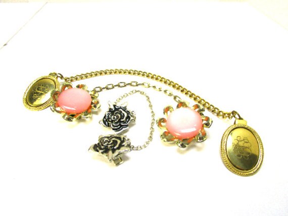 Vintage Sweater Clips Chained Sweater Clips Pink Acrylic Silver Rose Gold Monogrammed Set Of 3 Sweater Clips Sweater Guard Shaw Clip Wrap