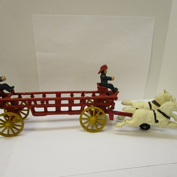 Antique Cast Iron Horse Drawn Fire Truck Wagon Toy Firemen Vintage Cast Iron Fire Wagon, Horse Drawn Truck with two Firemen