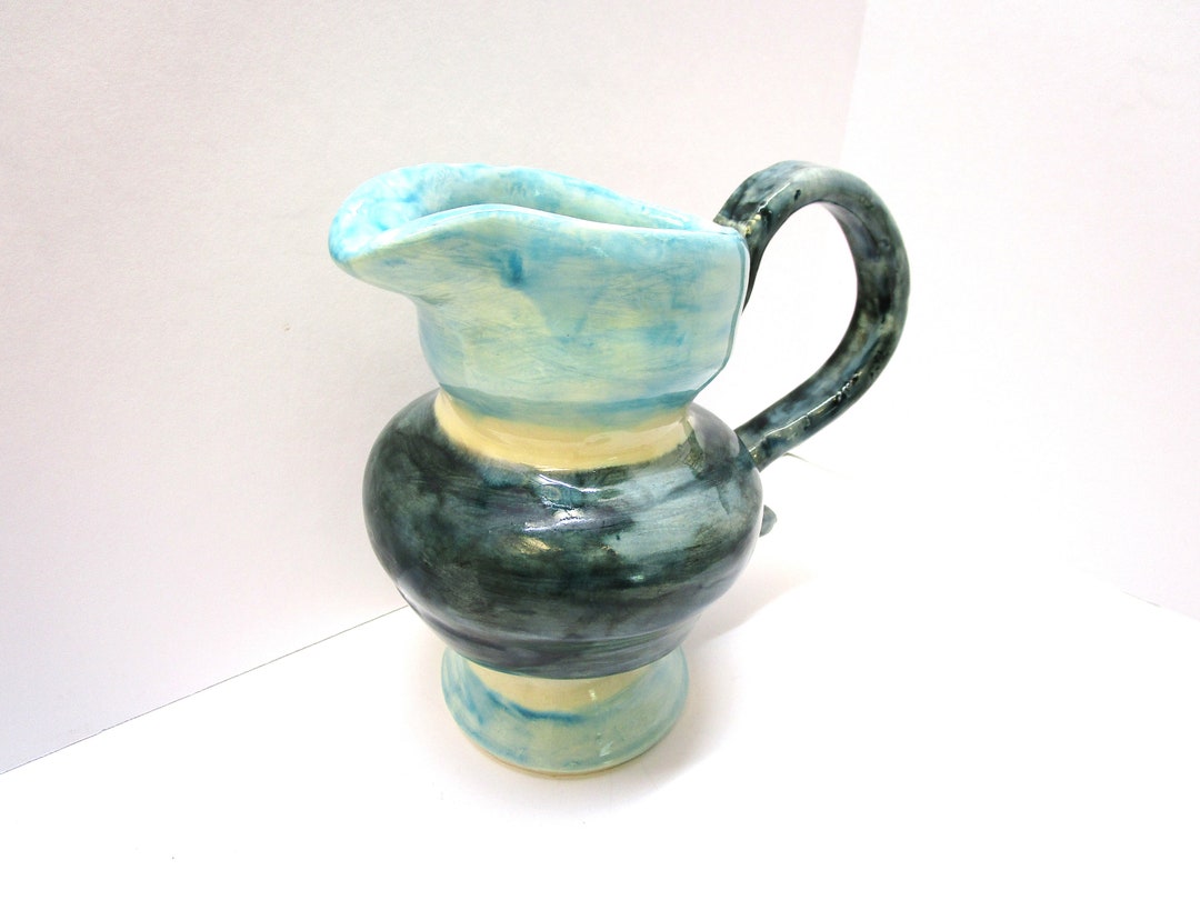 Vintage Studio Art Pottery Two Tone Teal Hand Thrown Pitcher Vase Teal ...