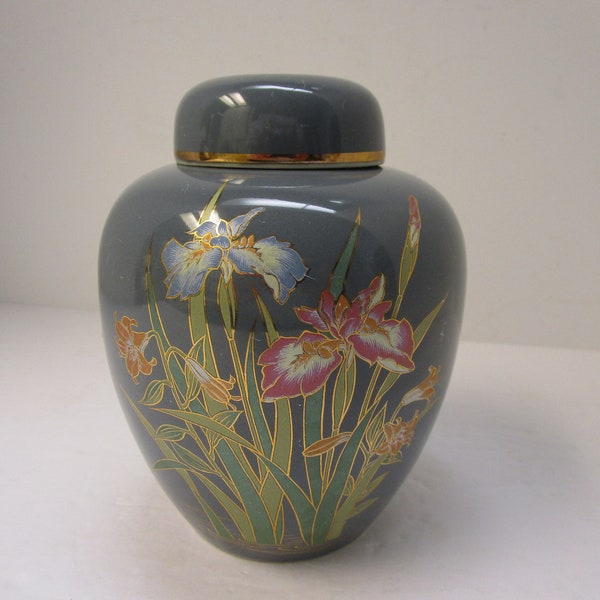 Vintage Japanese Ginger Jar Iris Bouquet Gray Japanese Porcelain Lidded Floral Iris Blue Orange Pink Gold Trim Ginger Jar Signed MI Japan