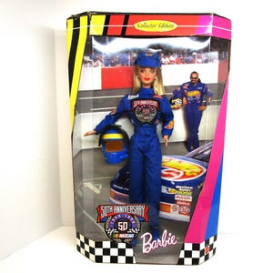 1998 NASCAR 50th Anniversary Barbie Doll Original Box Kyle Petty Racing Collectible Std Size Barbie in Race Car Uniform RARE Vintage Barbie