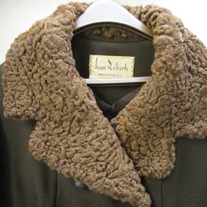 Joan Roberts 1960s Exquisite Curly Lamb Fur Wool Coat Double Breasted Satin Lined Brown Wool Knee Length Coat Large Fur Collar And Cuffs