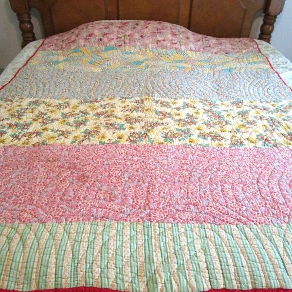 Antique Flour Sack Hand Stitched Quilt Patchwork Quilt Pastels Piece Quilt Vintage Hand Sewn Quilt Handmade Rag Quilt Log Cabin 80" x 64"