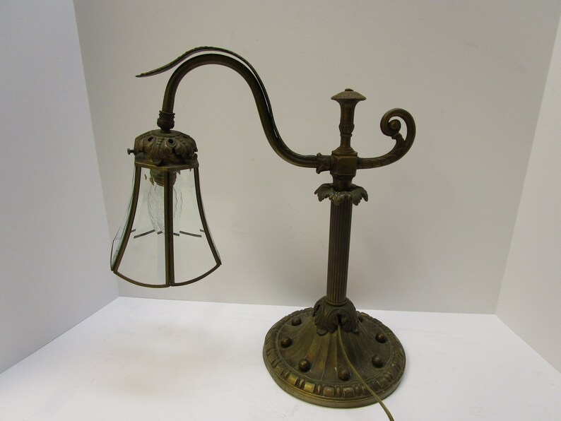 Antique Bronze Table Lamp Brass Desk Vintage Parlor Light B H Beveled Glass
