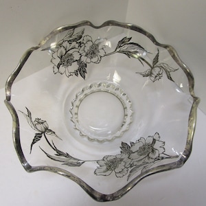 Antique Bowl Crimped Wavy Rim New Martinsville /Viking Glass Princess Sterling Peony Silver Overlay Rockwell Silver Wedding Anniversary Gift