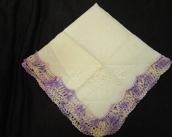 Vintage Estate Linen Handkerchief Hand Embroidered Purple Violet Openwork Eyelet Florals Handkerchief Ladies Cotton Linen Hankie