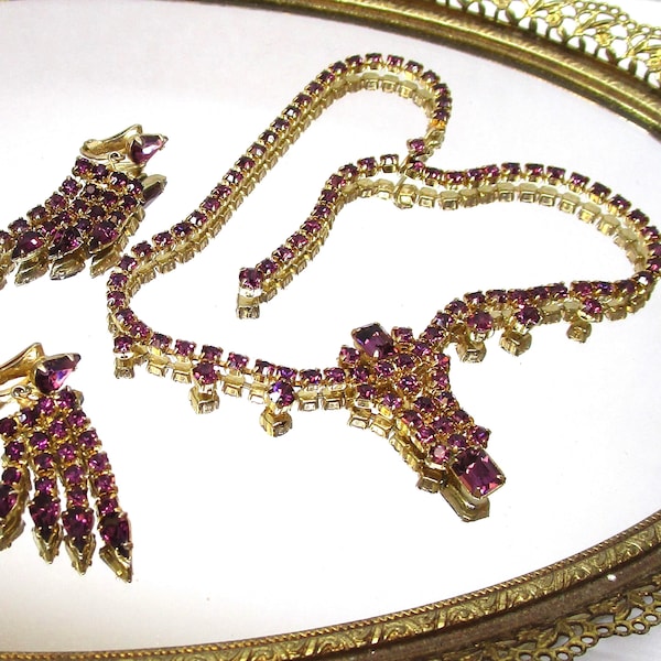 BA Ballou Co Amethyst Crystal Necklace Earrings Victorian Revival 18K Yellow Gold P Purple Crystal Drop Pendant Choker Drop Fringe Earrings