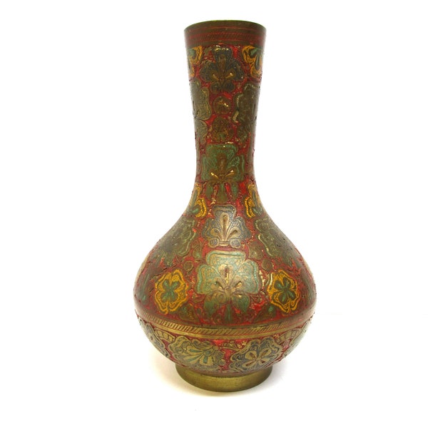 Antique Etched Brass Vase Hand Tooled Hand Painted Fleur De Lis Florals Red Green Gold Relief Cloisonne Brass Vase Old Solid Brass