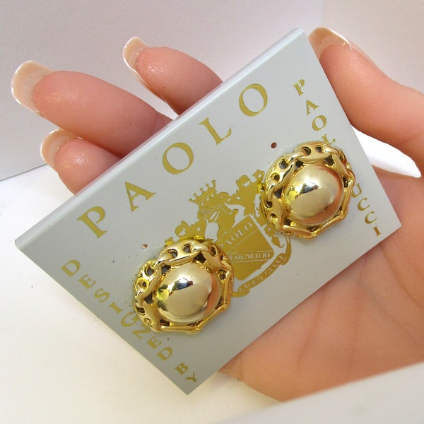 ULTRA RARE Paolo Gucci Earrings Bold 21K Gold Plated Chain Border Dome Button Clip Earrings On Original Card Never Worn Late 1980s/Early 90s