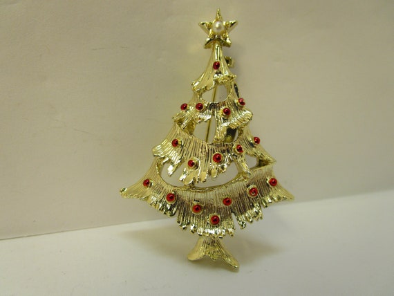 Vintage Gold Christmas Tree Brooch Designer Signe… - image 1