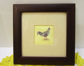 Vintage Hahn Huhn Miniatur Kunstdruck signierte Kunst gerahmte mattierte Hahn Huhn Wandkunst Original Kunstdruck Bauernhaus Huhn Hahn