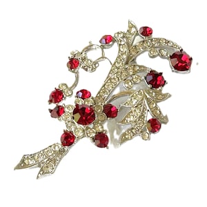Vintage Bogoff Brosch Briljant Rubinröd Strass Blombukett Långskaftad Blommor Klar Röd Swarovski Kristall Corsage Nål 1948 Pristine