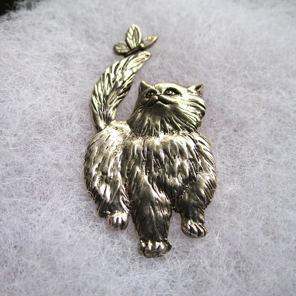 Vintage Sterling Silver Cat Pin Cat Brooch Persian Cat With Butterfly On Tail Brooch Pin H&H Signed 925 Cat Pin Kitten Pin