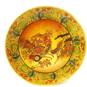 12" Podpisany talerz ceramiczny Satsuma, rajski ptak, wózek na kwiaty, ceramika Satsuma Moriage, podniesiona emalia i pozłacany talerz Wacai Verte