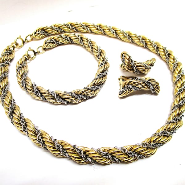 Fine Estate Vintage RARE Winard 12k Gold Filled Two Tone Twisted Rope Chain Torsade Parure 3 pc set Necklace Bracelet Earrings 1950s NY