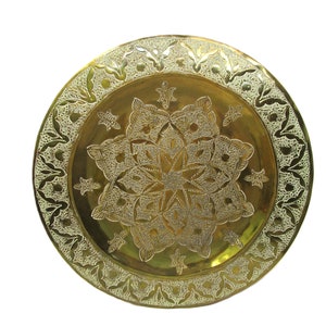 Vintage Moroccan Brass Charger Ornate Circular Tray Hand Hammered Chased Florals Arabic Decor Large Platter Brass Charger 12&quot; Wall Hanging