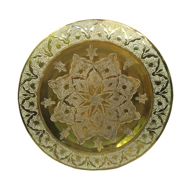 Vintage Moroccan Brass Charger Ornate Circular Tray Hand Hammered Chased Florals Arabic Decor Large Platter Brass Charger 12" Wall Hanging