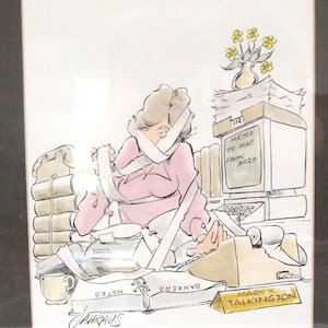 May include: A cartoon illustration of a woman sitting at a desk with a stack of papers and a typewriter. She is wearing a pink shirt and has a bandage over her mouth. The text on the memo pad reads "IN MEMO TO: MKT FROM: BOZO". The text on the nameplate reads "MARY K TALKINGTON".