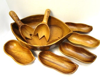 Vintage NWT Monkey Pod Teak Wood Salad Serving Set 8pc Peanut Shape Authentic Philippine Teak Carved Bowls Sporks Set Vintage Wooden Bowl