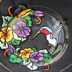 Vintage Clear Glass Hand Painted Florals & Hummingbirds Plate Set Of 2 Bright Tropical Painted Flowers With Hummingbird Hand Painted Charger
