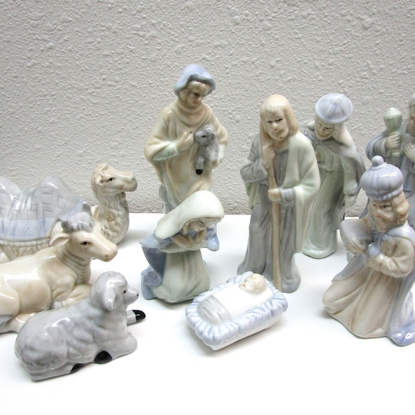 Vintage 10pc Nativity Set Hand Painted Porcelain Soft Gray Beige Camel Sheep Cow Mary Joseph Wise Men Shepherd Baby Jesus Lladro Colors NICE