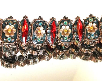 Antique Estate Czech Glass Bracelet Bohemian Glass Gablonz Enamel Gilt Link Bracelet Ornate Ruby Emerald Stones of Glass Flowers 3D Panel
