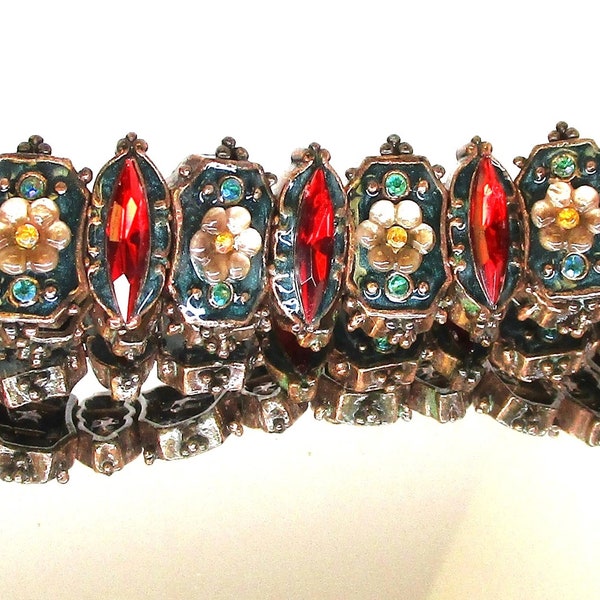 Antique Estate Czech Glass Bracelet Bohemian Glass Gablonz Enamel Gilt Link Bracelet Ornate Ruby Emerald Stones of Glass Flowers 3D Panel