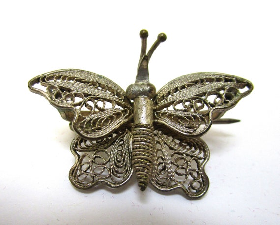 Antique Estate 800 Silver Butterfly Pin Filigree … - image 1