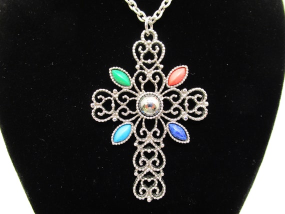 1970s Avon Large Cross Pendant Necklace 24 Textured Silver Tone