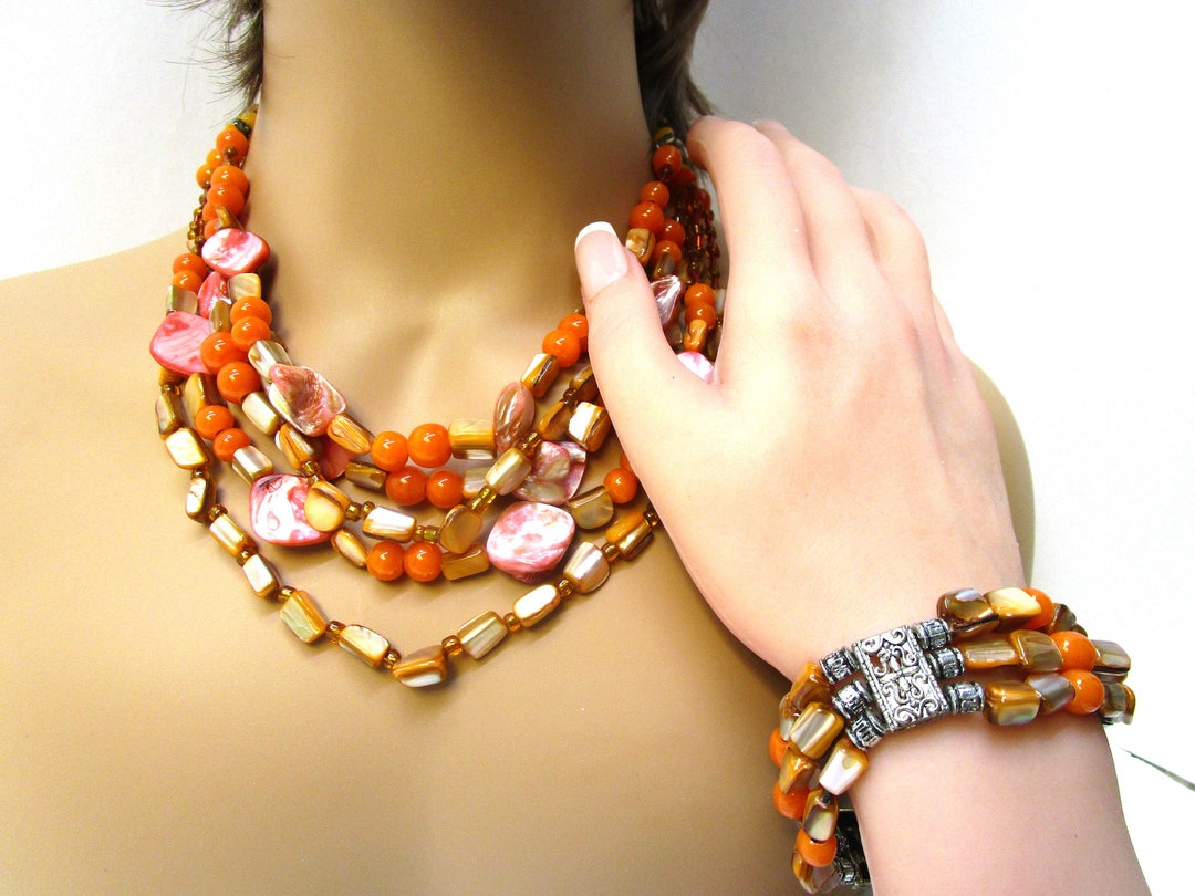 Multi Strand Orange Melon Glass Bead Necklace Bracelet Set Orange