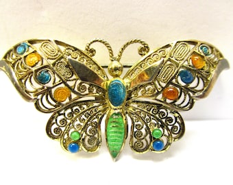 Vintage Estate Czech Gold Gilt Silver Enameled Butterfly Brooch Cannetille Pin Plique a Jour Butterfly Brooch 800 Silver F Zasche Gablonz