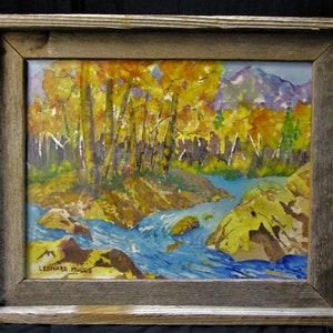 Signed Original Watercolor Painting Fall Ash Trees Creek And Mountains Landscape Montana By Leonard Mullis In Rustic Ash Wood Frame